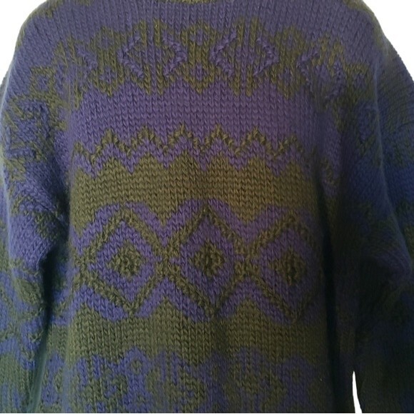 Vintage Claiborne Sweater Mens Size XL Wool Chunky Knitted By Hand Blue Green - Picture 8 of 9